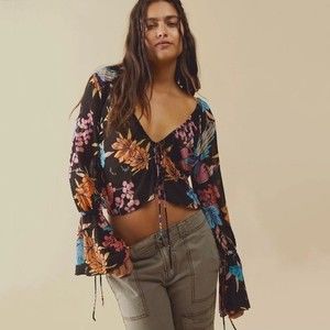 Free People Of Paradise Floral Mesh Top Black Combo Small